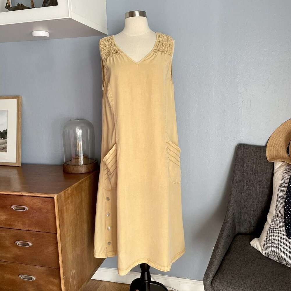 XCVI Beige A-Line Midi Dress Pockets Smocked Minimalist Lagenlook